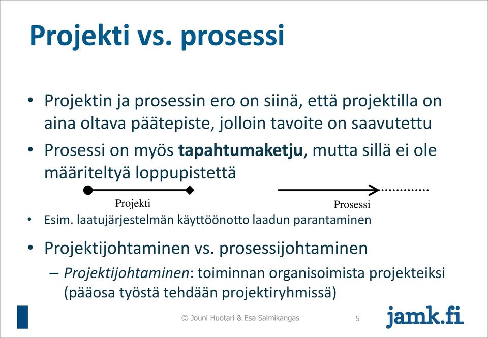 saavutettu Prosessi on myös tapahtumaketju, mutta sillä ei ole määriteltyä loppupistettä Projekti Prosessi Esim.