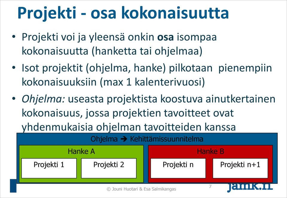 koostuva ainutkertainen kokonaisuus, jossa projektien tavoitteet ovat yhdenmukaisia ohjelman tavoitteiden kanssa