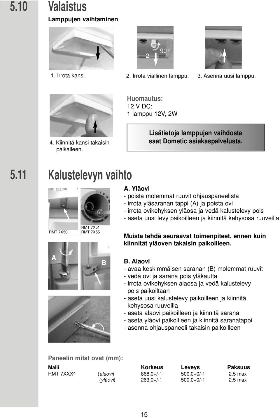 Yläovi - poista molemmat ruuvit ohjauspaneelista - irrota yläsaranan tappi () ja poista ovi - irrota ovikehyksen yläosa ja vedä kalustelevy pois - aseta uusi levy paikoilleen ja kiinnitä kehysosa