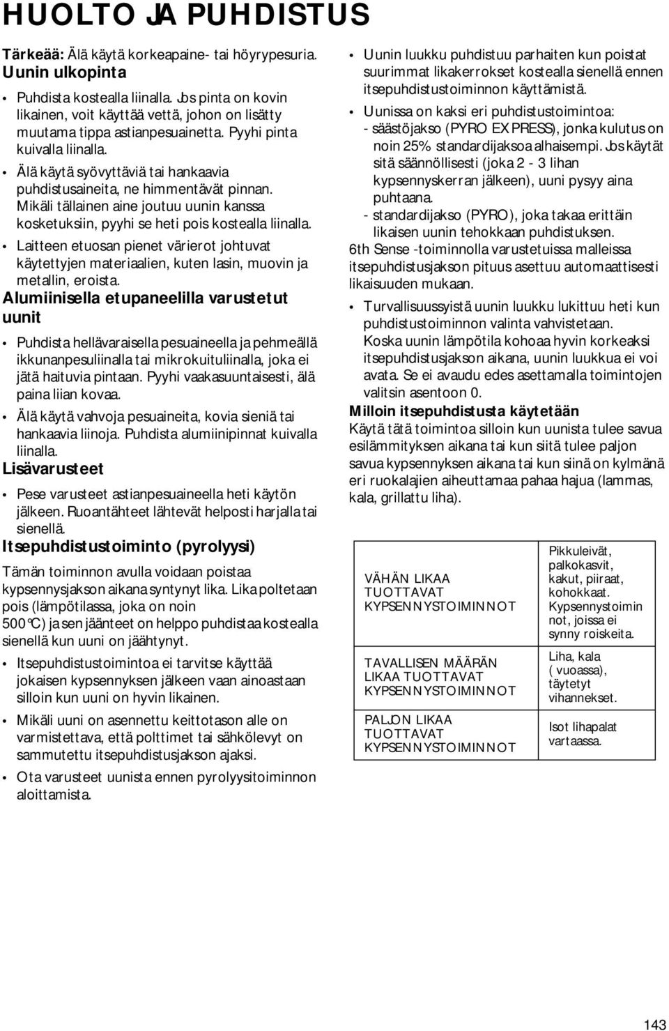 Älä käytä syövyttäviä tai hankaavia puhdistusaineita, ne himmentävät pinnan. Mikäli tällainen aine joutuu uunin kanssa kosketuksiin, pyyhi se heti pois kostealla liinalla.