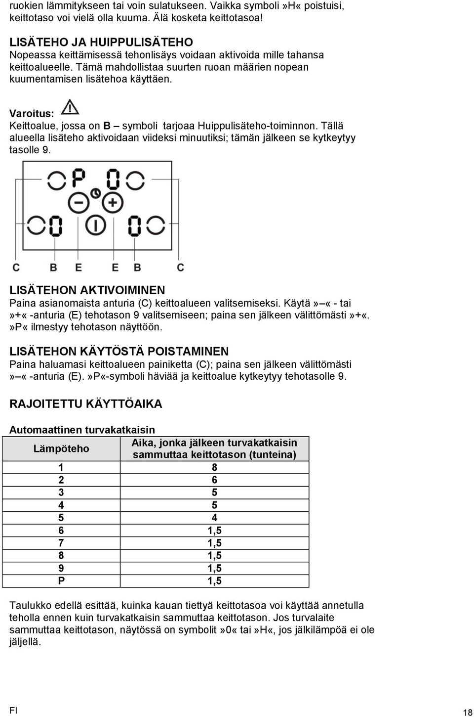 Varoitus:, jossa on B symboli tarjoaa Huippulisäteho-toiminnon. Tällä alueella lisäteho aktivoidaan viideksi minuutiksi; tämän jälkeen se kytkeytyy tasolle 9.