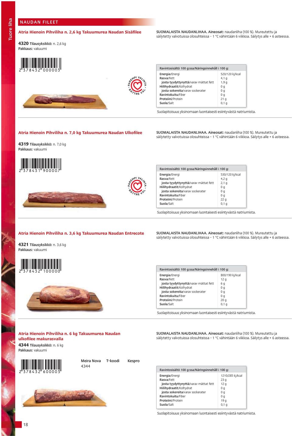 520/120 kj/kcal 4,1 g 1,9 g 21 g 0,1 g Suolapitoisuus yksinomaan luontaisesti esiintyvästä natriumista. Atria Hienoin Pihviliha n. 7,0 kg Takuumurea Naudan Ulkofilee 4319 Tilausyksikkö: n.