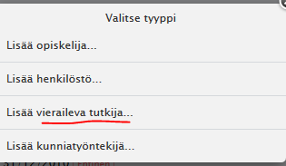 Vierailevan tutkijan (apurahatutkijan) perustietojen luominen 1. Valitse ylävalikosta Master data 2. Valitse Henkilöt-listan alta ja kirjoita lisättävän henkilön etunimet ja sukunimi ao.