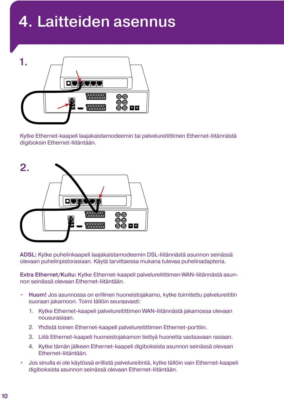 Extra Ethernet/Kuitu: Kytke Ethernet-kaapeli palvelureitittimen WAN-liitännästä asunnon seinässä olevaan Ethernet-liitäntään. Huom!