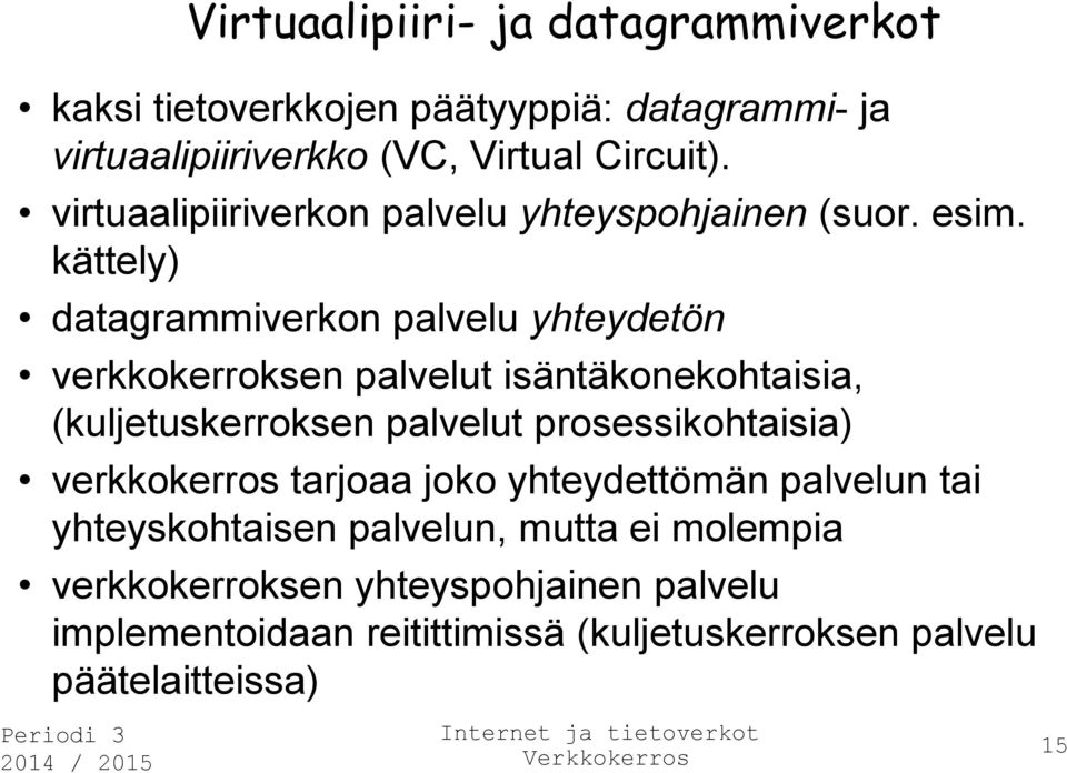 kättely) datagrammiverkon palvelu yhteydetön verkkokerroksen palvelut isäntäkonekohtaisia, (kuljetuskerroksen palvelut