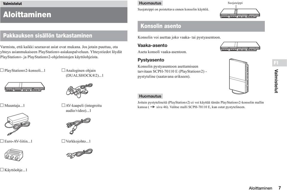 Yhteystiedot löydät PlayStation - ja PlayStation 2-ohjelmistojen käyttöohjeista. PlayStation 2-konsoli...1 Muuntaja...1 Analoginen ohjain (DUALSHOCK 2)...1 AV-kaapeli (integroitu audio/video).