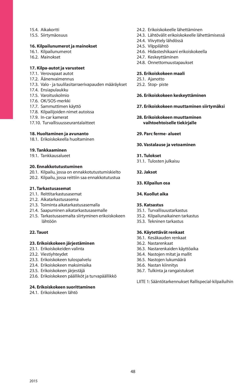 Turvallisuusseurantalaitteet 18. Huoltaminen ja avunanto 18.1. Erikoiskokeella huoltaminen 19. Tankkaaminen 19.1. Tankkausalueet 20. Ennakkotutustuminen 20.1. Kilpailu, jossa on ennakkotutustumiskielto 20.