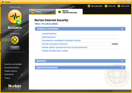 Aloittaminen Tutustuminen pääikkunaan 9 Pääikkunan käyttäminen Lisätietoja Norton Internet Security -ohjelman käynnistäminen sivulla 7. 1 Käynnistä Norton Internet Security.