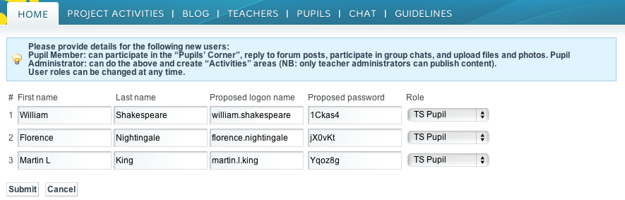 Askel 5 Kutsu uusia oppilaita Järjestelmä ehdottaa oppilaalle käyttäjätunnusta ja salasanaa.