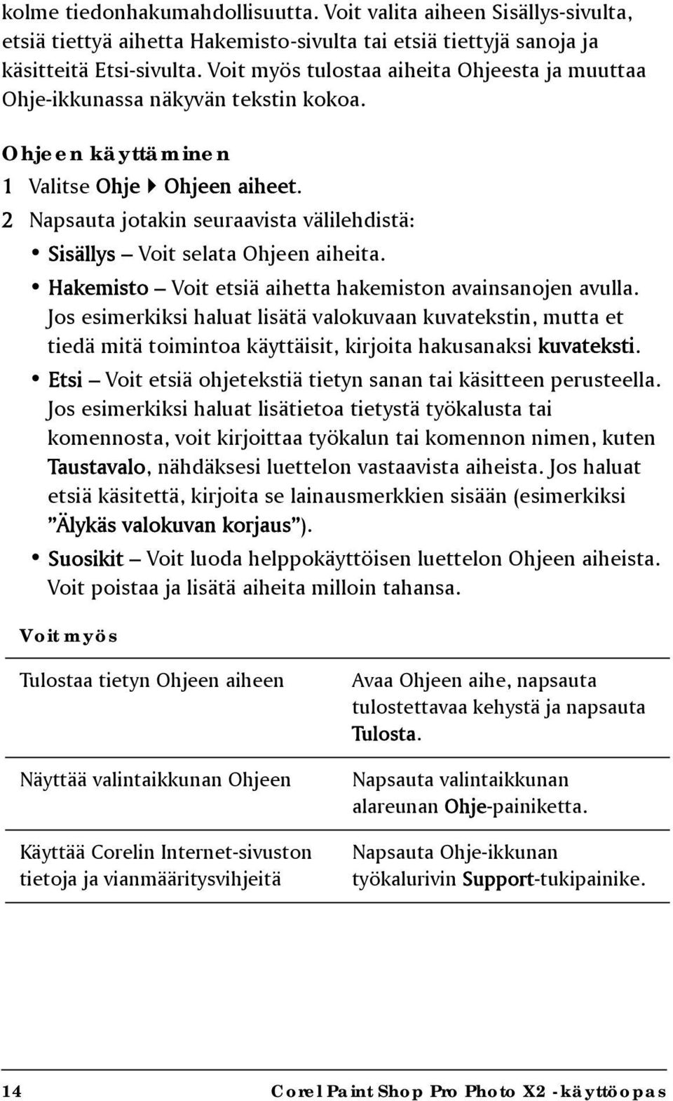 2 Napsauta jotakin seuraavista välilehdistä: Sisällys Voit selata Ohjeen aiheita. Hakemisto Voit etsiä aihetta hakemiston avainsanojen avulla.