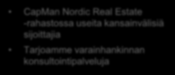 Strategiset aloitteet Esimerkkejä: 1 Asiakasrajapinnan laajentaminen Yhteistyö Elite Varainhoidon kanssa 2 Panostus varainhankintaan CapMan Nordic Real Estate -rahastossa useita kansainvälisiä