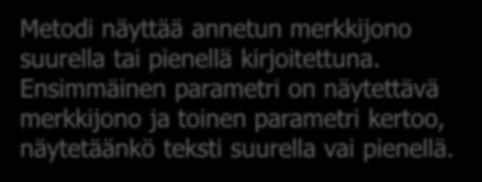 5 metodi ei palauta mitään, koska metodin tyyppi on void Metodi näyttää annetun merkkijono suurella tai pienellä kirjoitettuna.