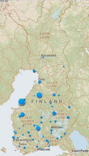 33 6 VOIMALAITOSTEN SIJAINTI JA LENTOTUHKAN KULJETUS 6.1 Kartta-analyysi Työskentelyn alussa päätettiin, että selvitys tehdään puu- ja turvevoimaloille sekä kivihiilivoimaloille.