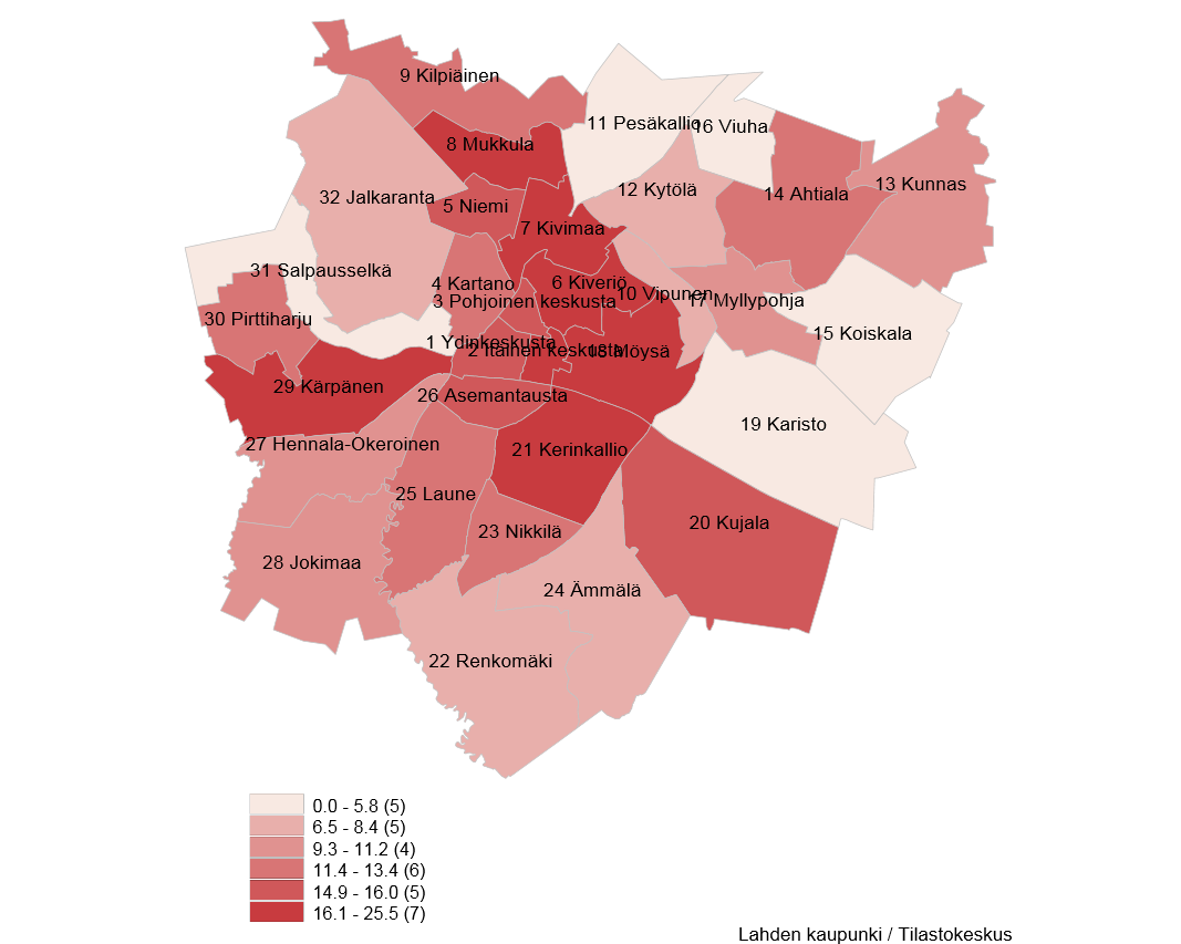 18 Työttömyys Lahdessa alueittain 212 Työttömyysaste Lahdessa Alueittain 212 Tilastollinen kaupunginosa 21 Kerinkallio 25,5 8 Mukkula 21,2 6 Kiveriö 2,7 7 Kivimaa 16,8 18 Möysä 16,5 2 Itäinen