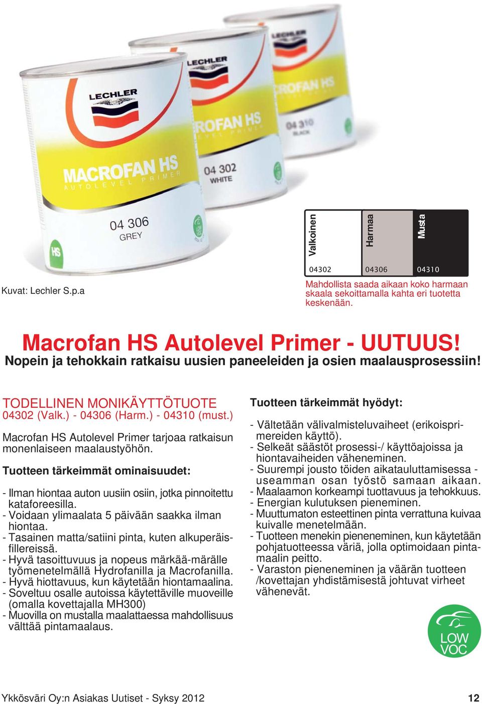 ) Macrofan HS Autolevel Primer tarjoaa ratkaisun monenlaiseen maalaustyöhön. Tuotteen tärkeimmät ominaisuudet: - Ilman hiontaa auton uusiin osiin, jotka pinnoitettu kataforeesilla.