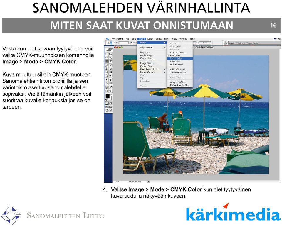 Kuva muuttuu silloin CMYK-muotoon Sanomalehtien liiton profiililla ja sen värintoisto asettuu