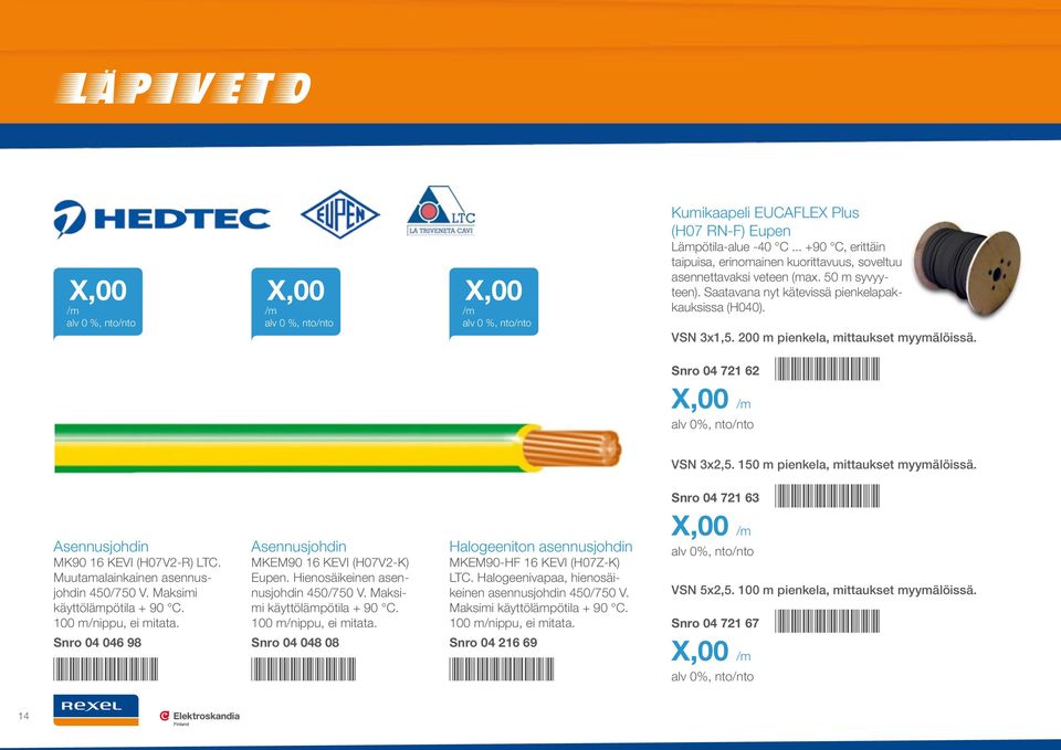 Asennusjohdin MK90 16 KEVI (H07V2-R) LTC. Muutamalainkainen asennusjohdin 450/750 V. Maksimi käyttölämpötila + 90 C. 100 m/nippu, ei mitata.