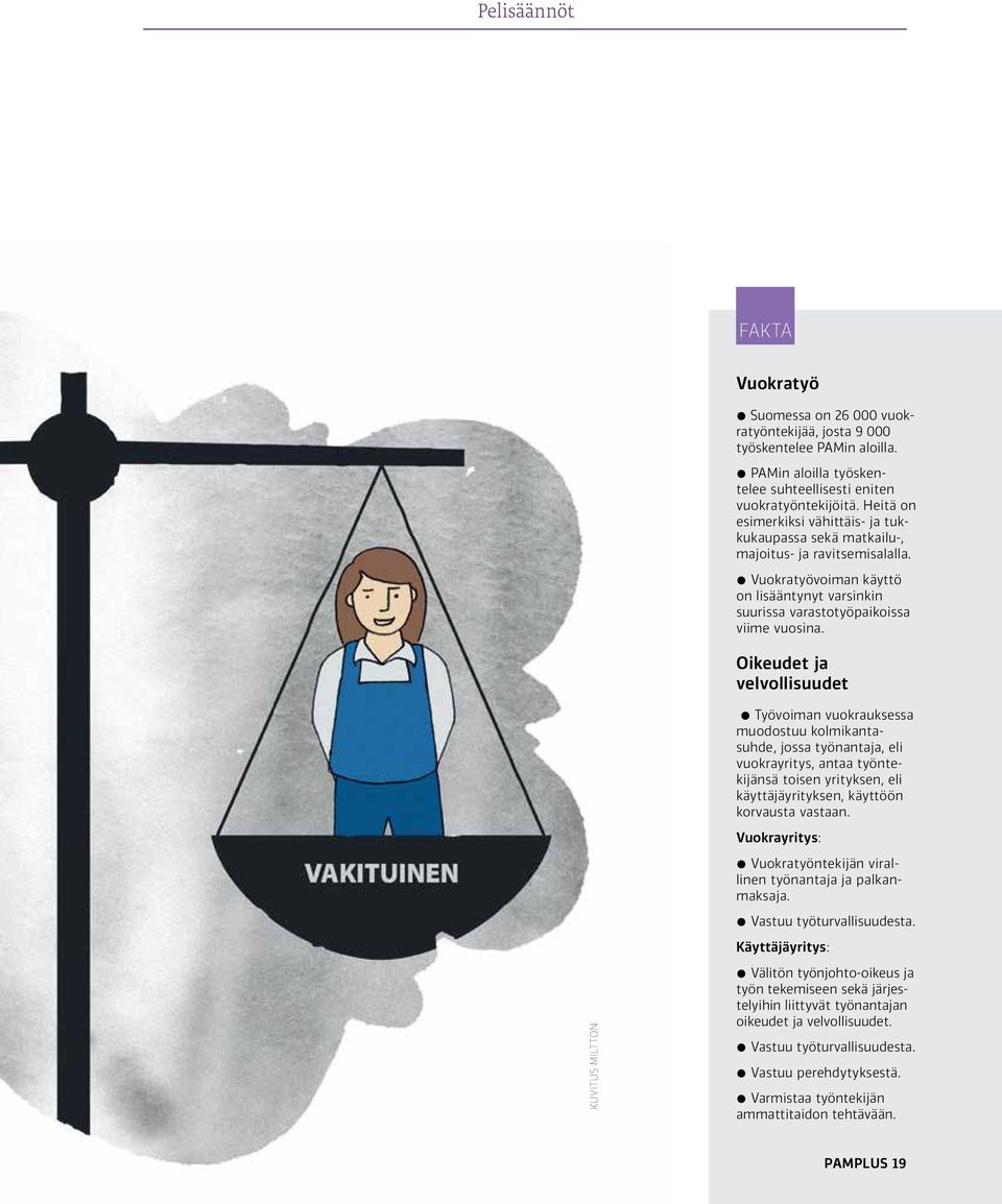 Oikeudet ja velvollisuudet Työvoiman vuokrauksessa muodostuu kolmikantasuhde, jossa työnantaja, eli vuokrayritys, antaa työntekijänsä toisen yrityksen, eli käyttäjäyrityksen, käyttöön korvausta