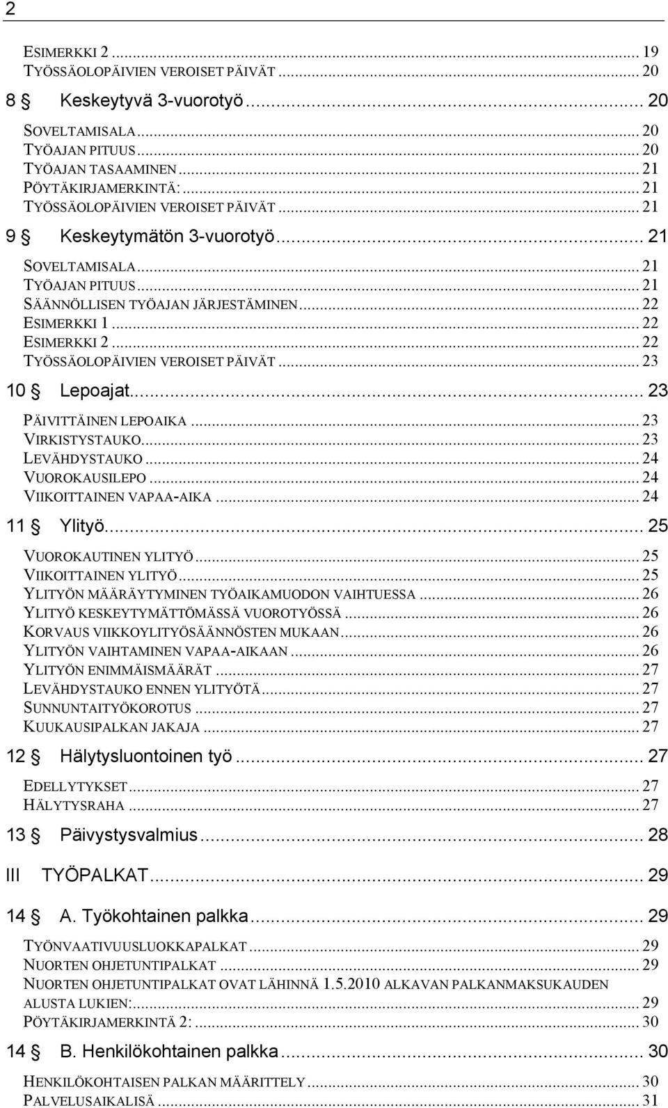 .. 22 TYÖSSÄOLOPÄIVIEN VEROISET PÄIVÄT... 23 10 Lepoajat... 23 PÄIVITTÄINEN LEPOAIKA... 23 VIRKISTYSTAUKO... 23 LEVÄHDYSTAUKO... 24 VUOROKAUSILEPO... 24 VIIKOITTAINEN VAPAA-AIKA... 24 11 Ylityö.