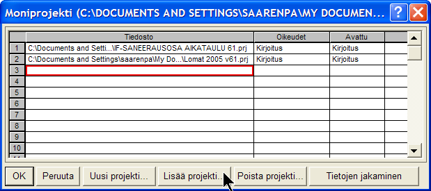 Projekti-valikon Moniprojekti-toiminnossa lisätään listaan uusi projekti lisää projekti painikkeen kautta.