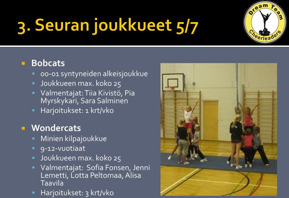 Harjoitukset: 1 krt/vko Wondercats Minien kilpajoukkue 9-12-vuotiaat