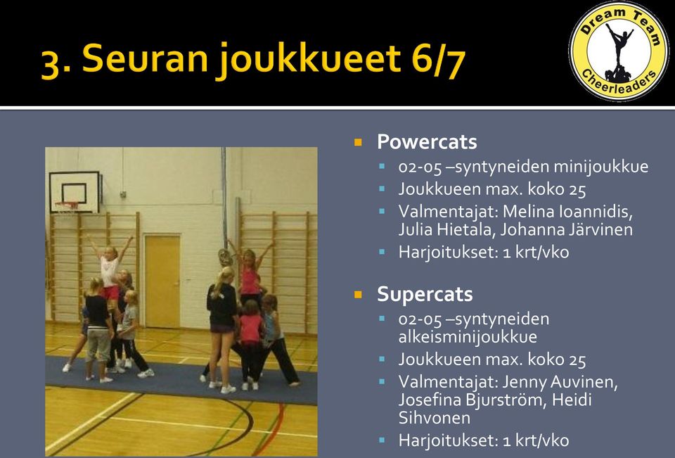 Harjoitukset: 1 krt/vko Supercats 02-05 syntyneiden alkeisminijoukkue