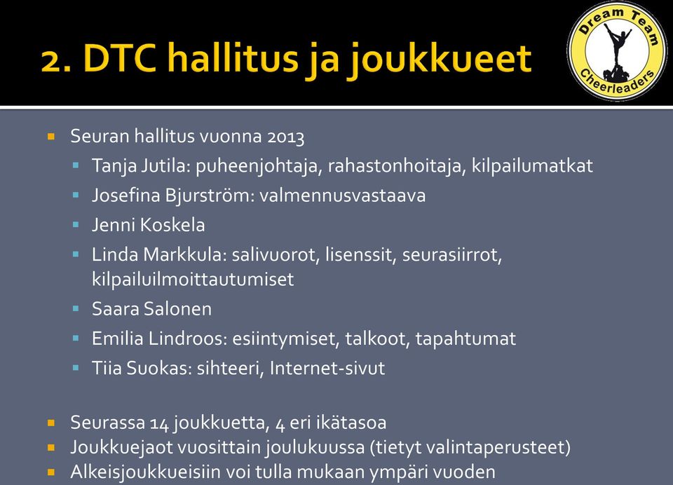 Salonen Emilia Lindroos: esiintymiset, talkoot, tapahtumat Tiia Suokas: sihteeri, Internet-sivut Seurassa 14