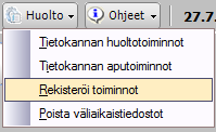 Ensimmäisen käynnistyskerran jälkeen on välittömästi ajettava kohdasta Huolto Rekisteröi toiminnotajo. Tämä ajo on tehtävä aina sen jälkeen, kun rekisteröintikoodeja on määritelty ohjelmaan.