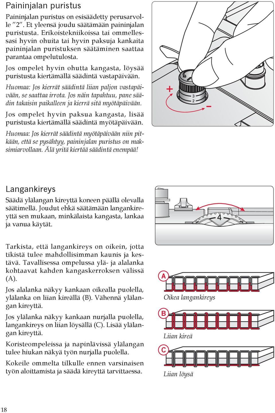 Jos ompelet hyvin ohutta kangasta, löysää puristusta kiertämällä säädintä vastapäivään. Huomaa: Jos kierrät säädintä liian paljon vastapäivään, se saattaa irrota.