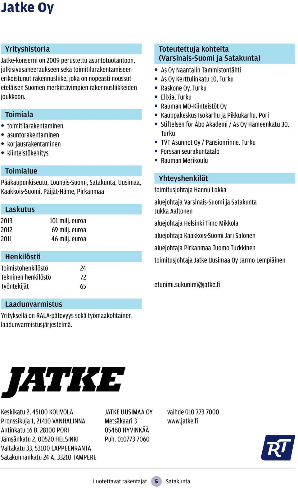 toimitilarakentaminen asuntorakentaminen korjausrakentaminen kiinteistökehitys Pääkaupunkiseutu, Lounais-Suomi,, Uusimaa, Kaakkois-Suomi, Päijät-Häme, Pirkanmaa Laskutus 2013 101 milj.