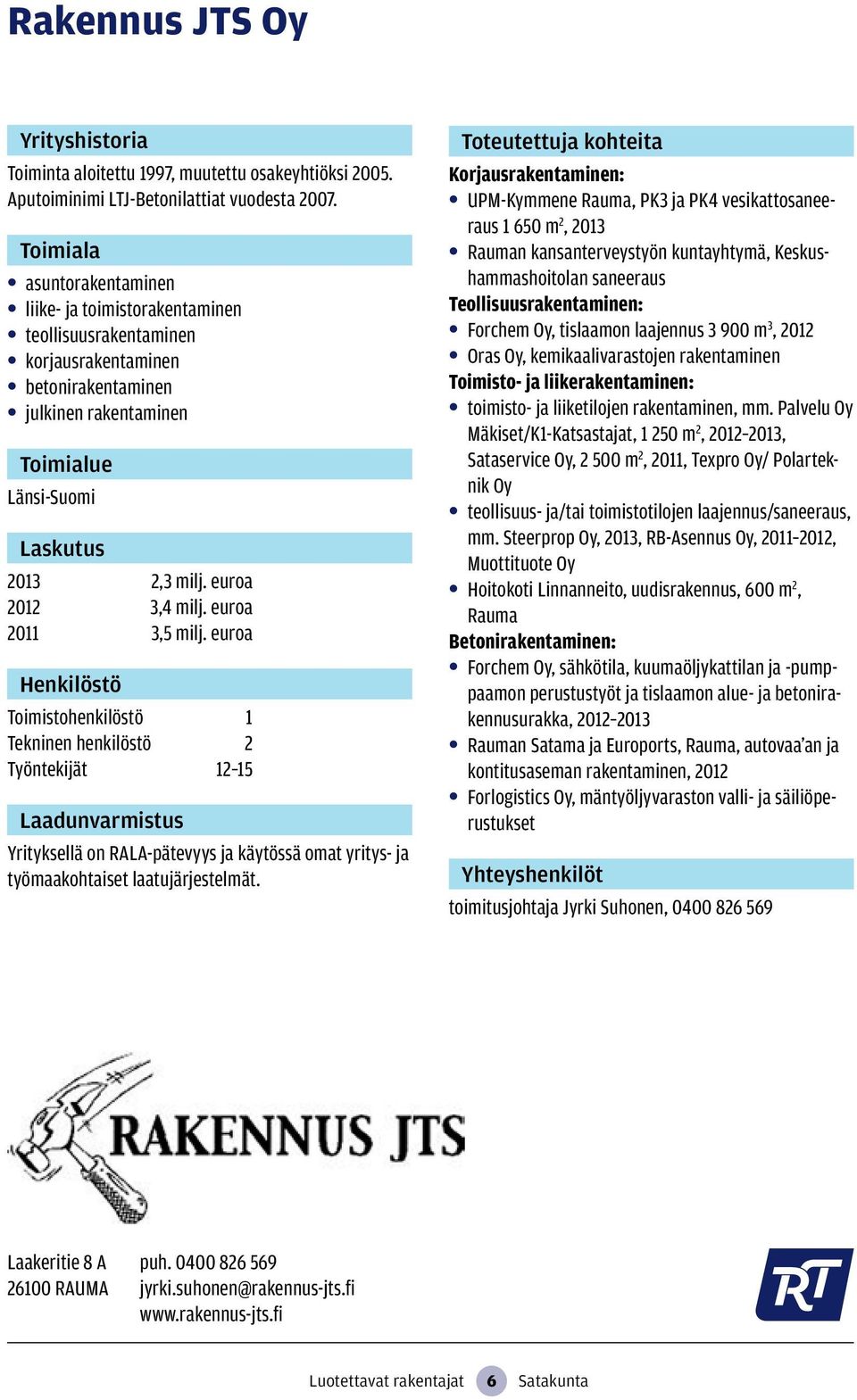 euroa 2011 3,5 milj. euroa Toimistohenkilöstö 1 Tekninen henkilöstö 2 Työntekijät 12 15 Yrityksellä on RALA-pätevyys ja käytössä omat yritys- ja työmaakohtaiset laatujärjestelmät.