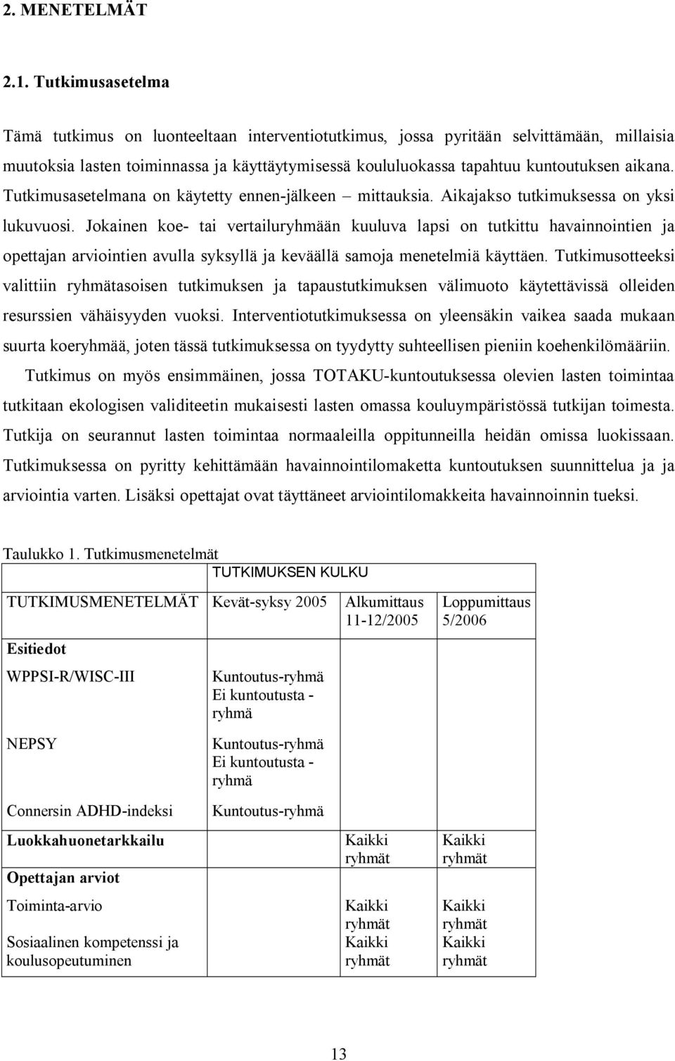 Tutkimusasetelmana on käytetty ennen-jälkeen mittauksia. Aikajakso tutkimuksessa on yksi lukuvuosi.