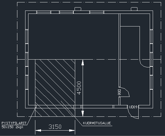 20 Ovenylityspalkki Jänneväli 3150mm ja kuormitusleveys 4,5m. Käyttöluokka 1. Palkkia kannattelee 2x50x150 pilarit ja palkiksi valittiin liimapuupalkki 270x90 GL32.