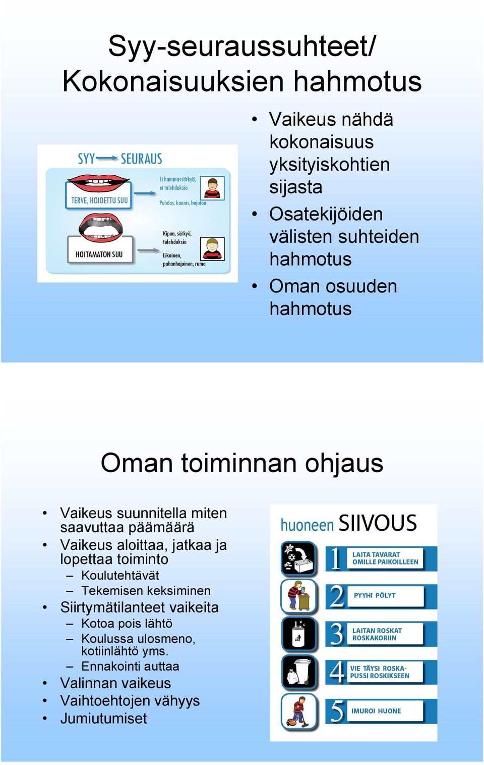 päämäärä Vaikeus aloittaa, jatkaa ja lopettaa toiminto Koulutehtävät Tekemisen keksiminen Siirtymätilanteet