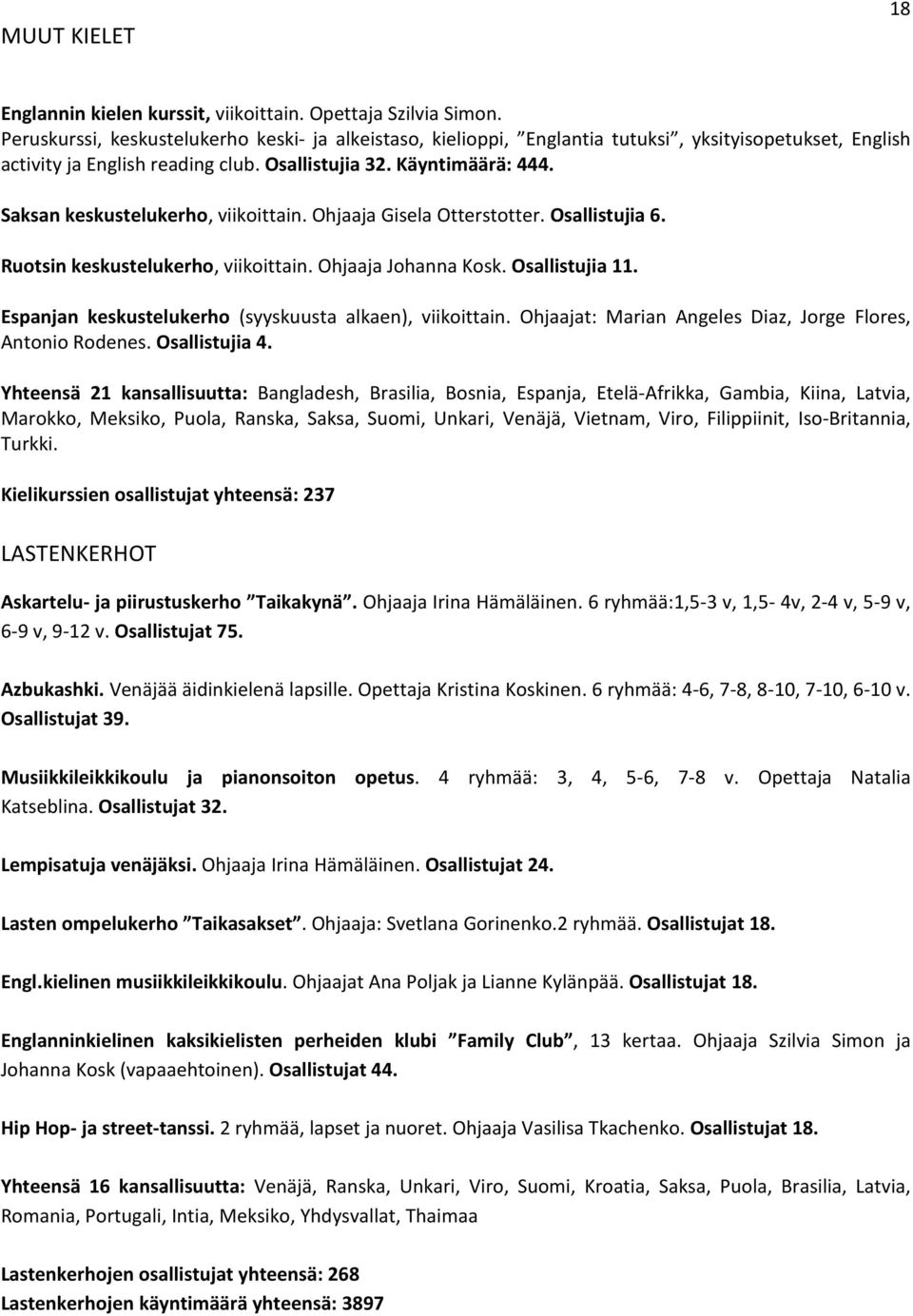 Saksan keskustelukerho, viikoittain. Ohjaaja Gisela Otterstotter. Osallistujia 6. Ruotsin keskustelukerho, viikoittain. Ohjaaja Johanna Kosk. Osallistujia 11.