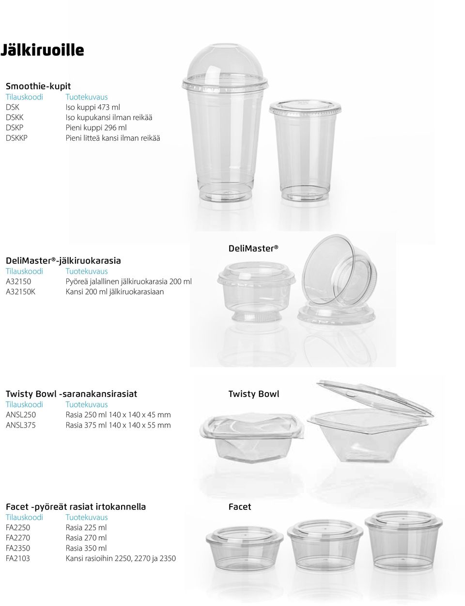 DeliMaster Twisty Bowl -saranakansirasiat Tilauskoodi Tuotekuvaus ANSL250 Rasia 250 ml 140 x 140 x 45 mm ANSL375 Rasia 375 ml 140 x 140 x 55 mm Twisty Bowl