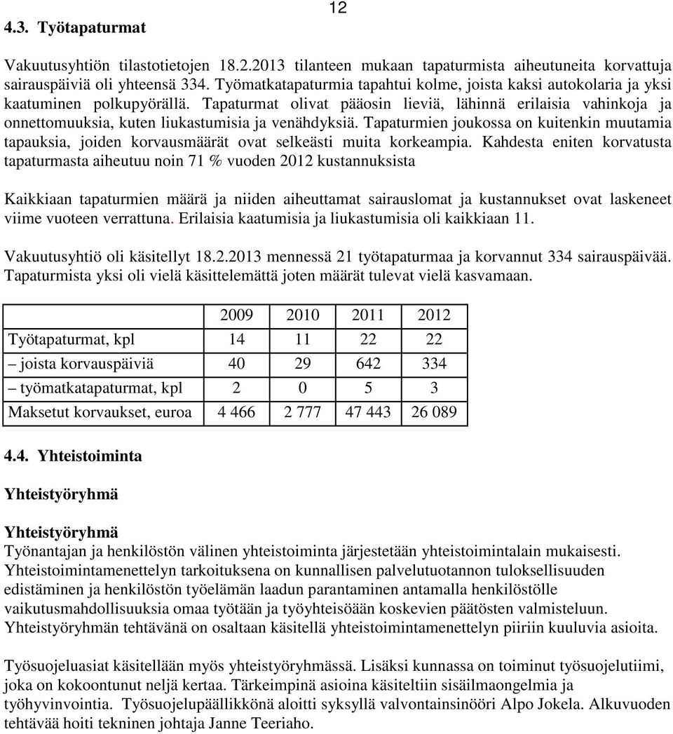 Tapaturmat olivat pääosin lieviä, lähinnä erilaisia vahinkoja ja onnettomuuksia, kuten liukastumisia ja venähdyksiä.