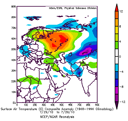 29.7.2010 vuorokauden keskilämpötila hyvin korkea Venäjällä ja Suomessa < 20 ºC 20-24 ºC 24-28 ºC > 28 ºC 2010 Heinäkuu Normaalisti kerran/300 vuotta