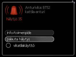 Tuloon valitaan Kattila-anturi BT52 Mene hälytyskelloon painamalla kuvakkeesta ja