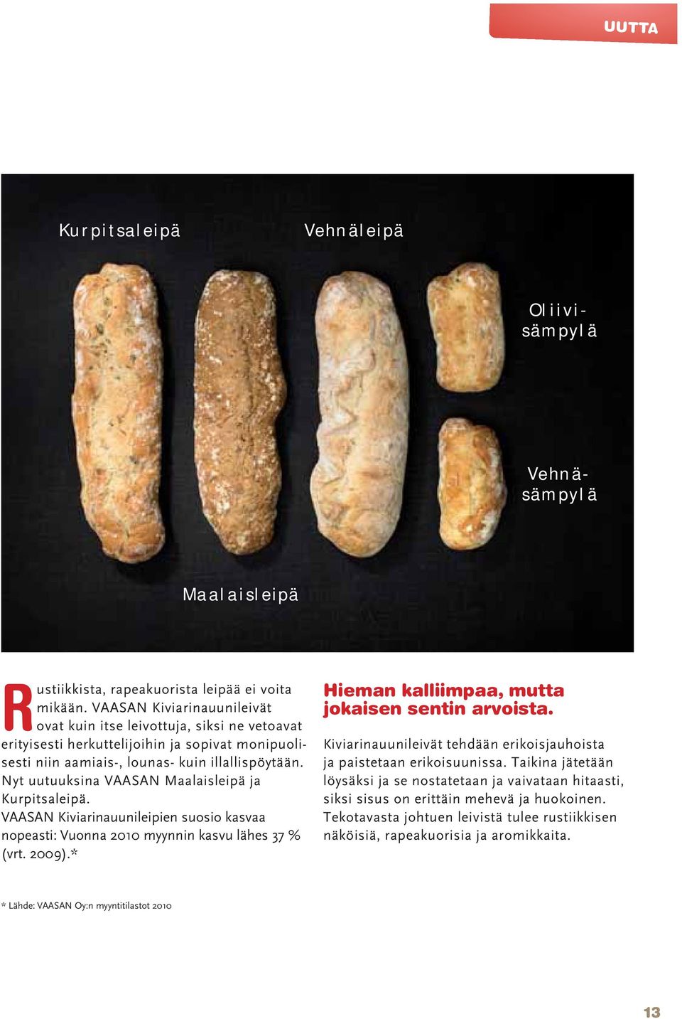 Nyt uutuuksina VAASAN Maalaisleipä ja Kurpitsaleipä. VAASAN Kiviarinauunileipien suosio kasvaa nopeasti: Vuonna 2010 myynnin kasvu lähes 37 % (vrt. 2009).