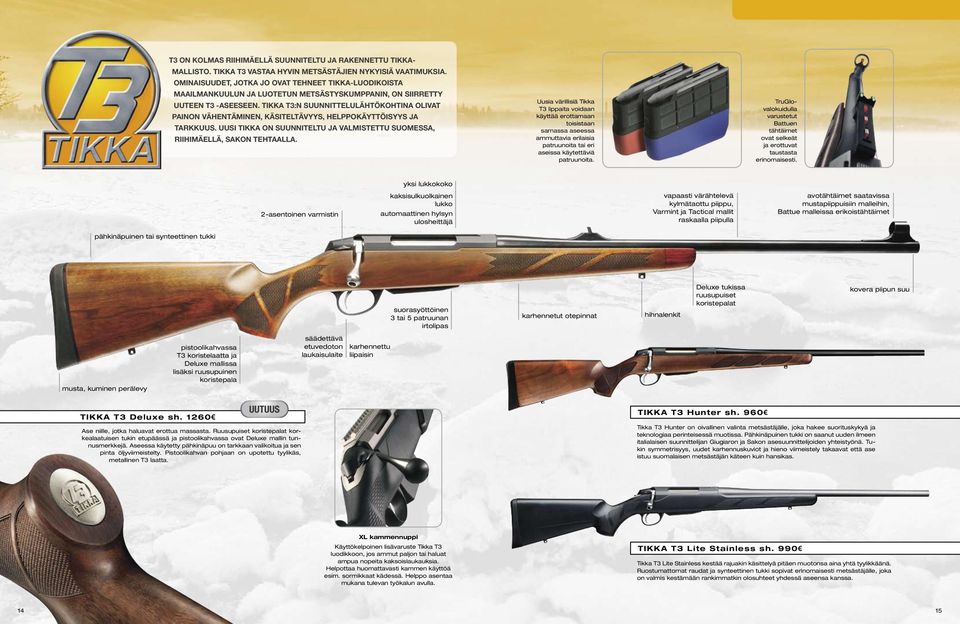 TIKKA T3:N SUUNNITTELULÄHTÖKOHTINA OLIVAT PAINON VÄHENTÄMINEN, KÄSITELTÄVYYS, HELPPOKÄYTTÖISYYS JA TARKKUUS. UUSI TIKKA ON SUUNNITELTU JA VALMISTETTU SUOMESSA, RIIHIMÄELLÄ, SAKON TEHTAALLA.