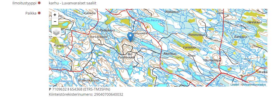 Saalisilmoituslomake (karhu) Ampuja voidaan kirjata metsästyskortin numerolla Paikka klikataan kartalle Koordinaatit, kiinteistörekisterinumero ja riistanhoitoyhdistys tulevat automaattisesti