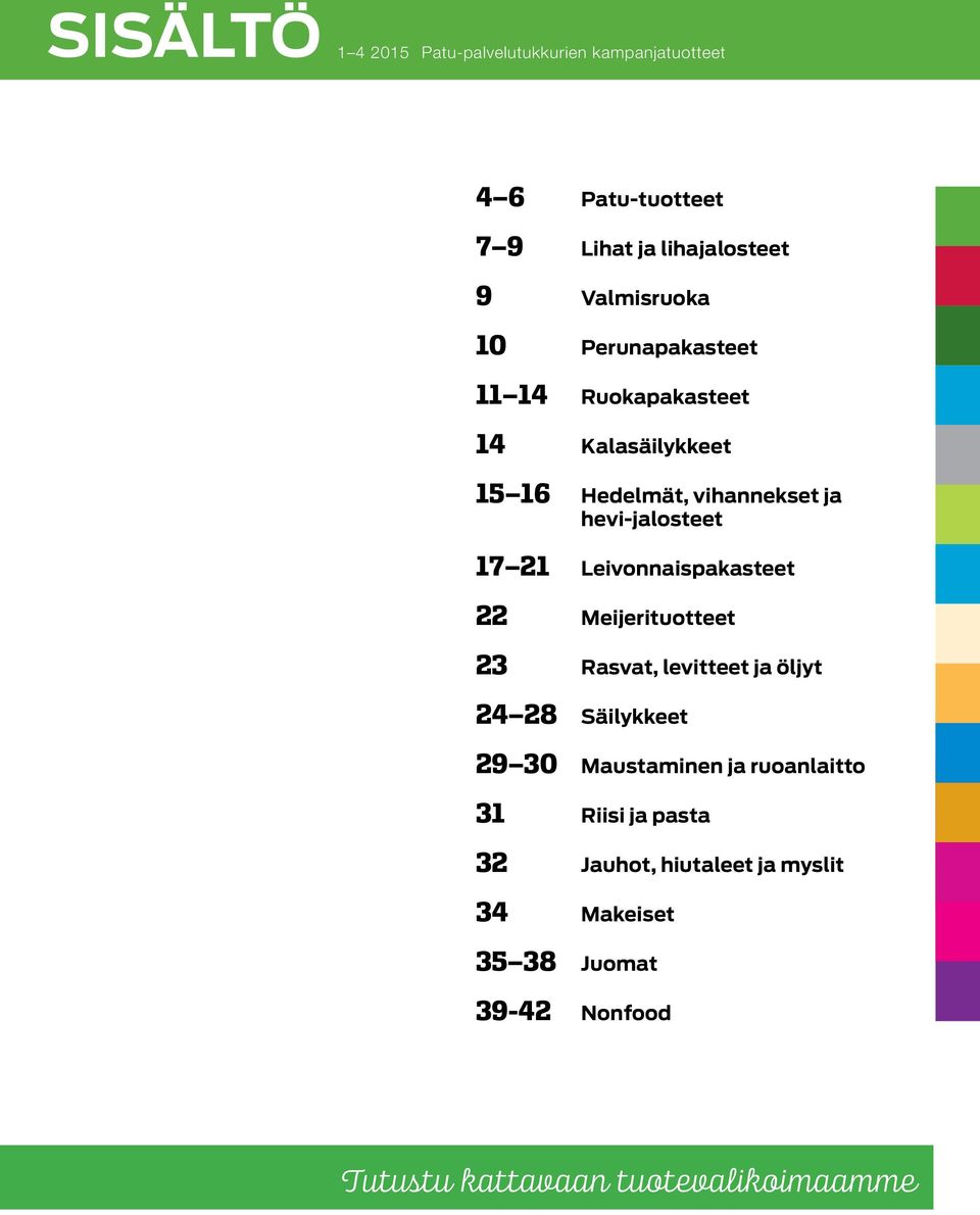 Leivonnaispakasteet 22 Meijerituotteet 23 Rasvat, levitteet ja öljyt 24 28 Säilykkeet 29 30 Maustaminen ja