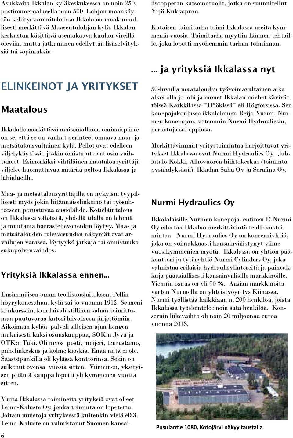 ELINKEINOT JA YRITYKSET Maatalous Ikkalalle merkittävä maisemallinen ominaispiirre on se, että se on vanhat perinteet omaava maa- ja metsätalousvaltainen kylä.