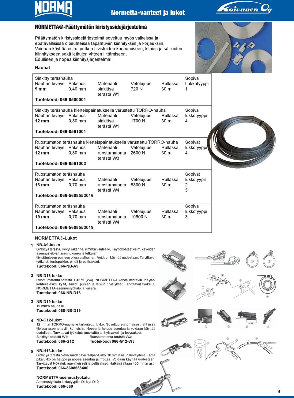 Nauhat Sinkitty teräsnauha Sopiva Nauhan leveys Paksuus Materiaali Vetolujuus Rullassa Lukkotyyppi 9 mm 0,40 mm sinkittyä 720 N 30 m.