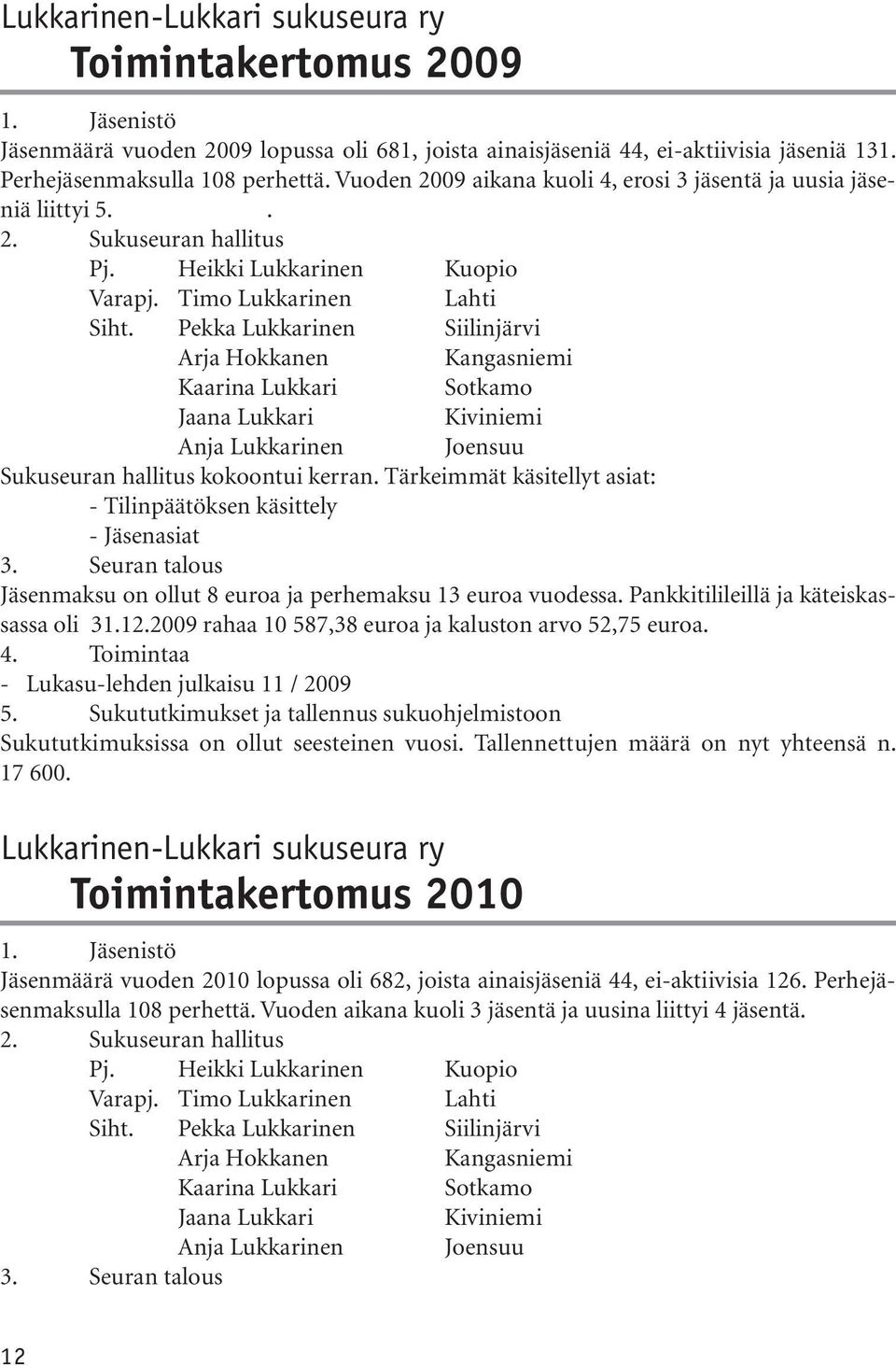 Pekka Lukkarinen Siilinjärvi Arja Hokkanen Kangasniemi Kaarina Lukkari Sotkamo Jaana Lukkari Kiviniemi Anja Lukkarinen Joensuu Sukuseuran hallitus kokoontui kerran.