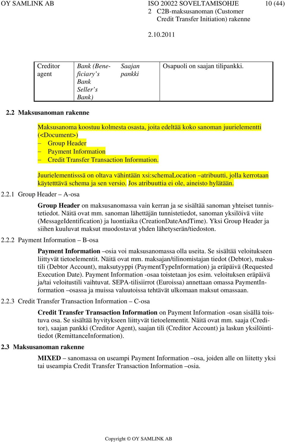 2 Maksusanoman rakenne Maksusanoma koostuu kolmesta osasta, joita edeltää koko sanoman juurielementti (<Document>) Group Header Payment Information Credit Transfer Transaction Information.