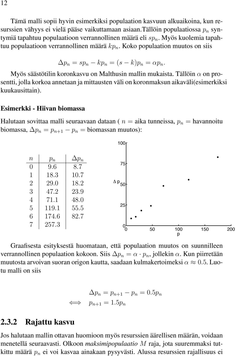 koko populaation muutos on siis p n = sp n kp n =(s k)p n = αp n. Myös säästötilin koronkasvu on Malthusin mallin mukaista.