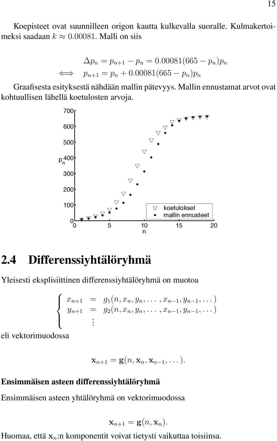 7 6 5 p 4 n 3 2 1 koetulokset mallin ennusteet 5 1 n 15 2 2.4 Differenssiyhtälöryhmä Yleisesti eksplisiittinen differenssiyhtälöryhmä onmuotoa x n+1 = g 1 (n, x n,y n,...,x n 1,y n 1,.