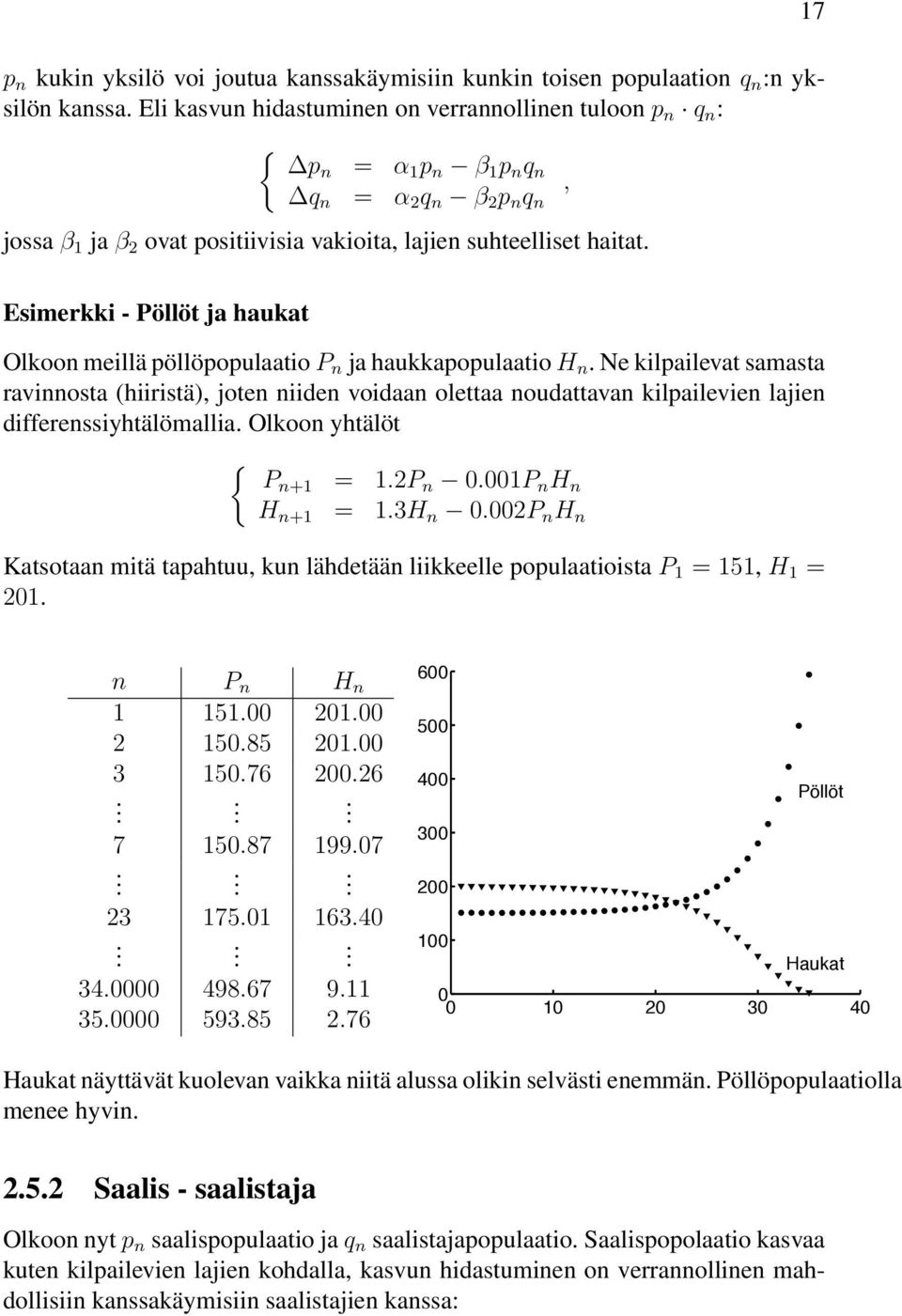 Esimerkki - Pöllöt ja haukat Olkoon meilläpöllöpopulaatio P n ja haukkapopulaatio H n.